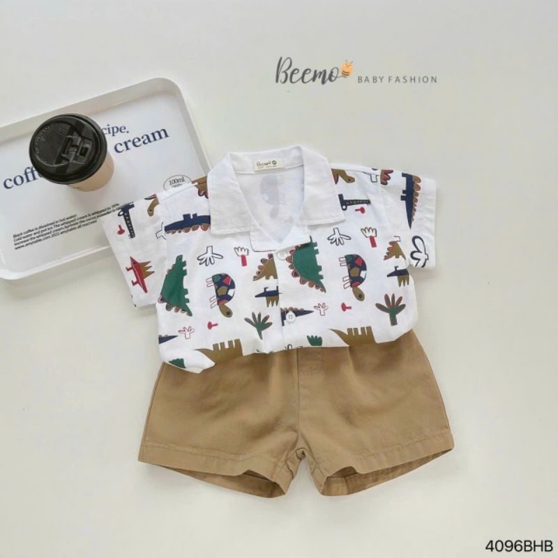 (Beemo chính hãng) Set sơmi cổ ve in trần khủng long bé trai (9-25 kg)