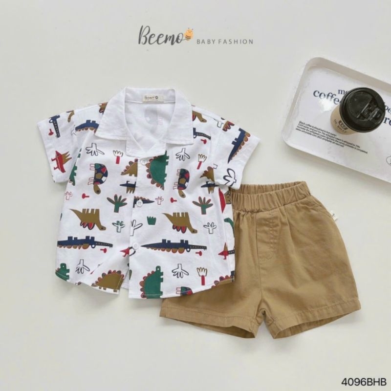 (Beemo chính hãng) Set sơmi cổ ve in trần khủng long bé trai (9-25 kg)