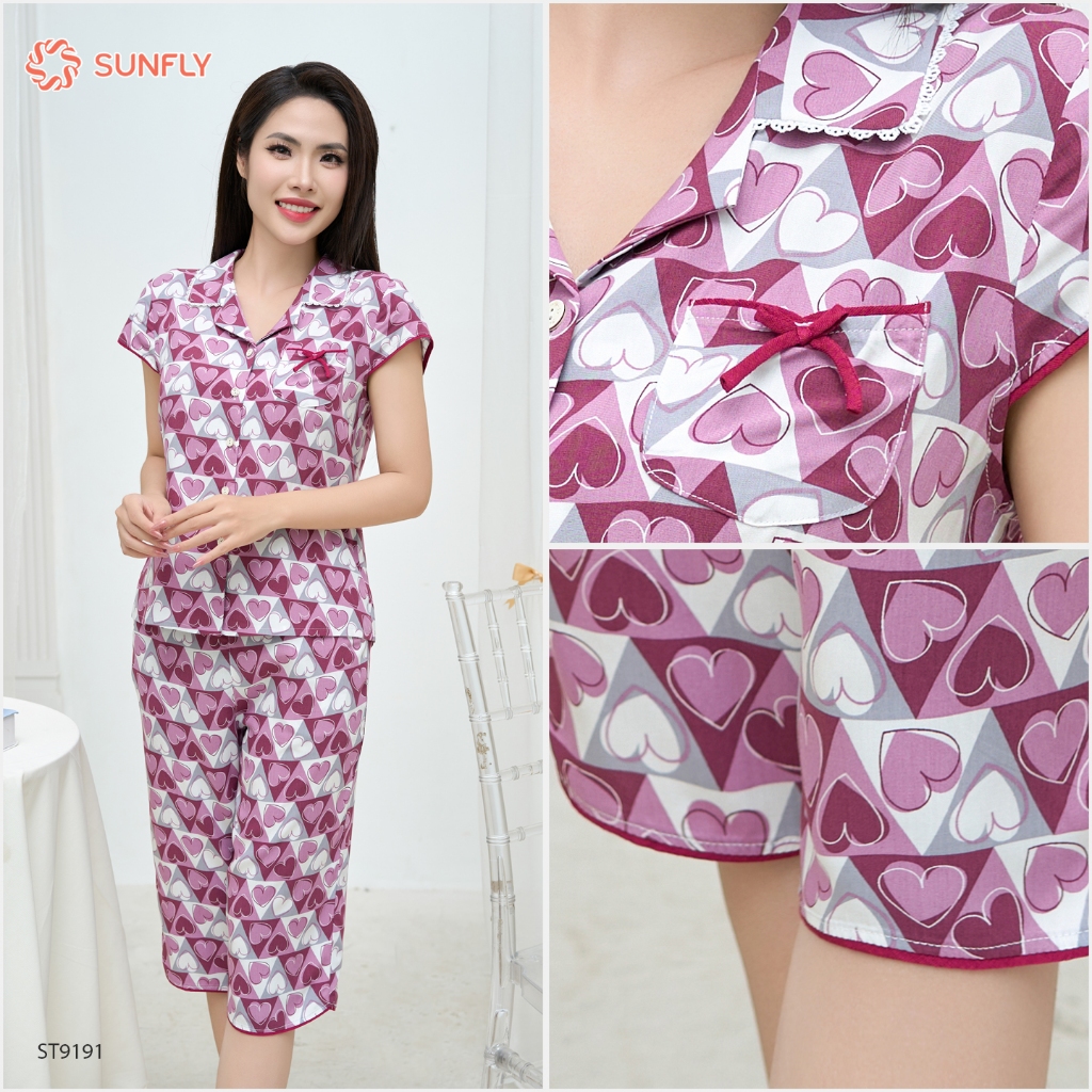 Ảnh Bộ pijamas nữ SUNFLY chất lanh ht độc quyền dáng áo tay hến quần ngố ST9191 3