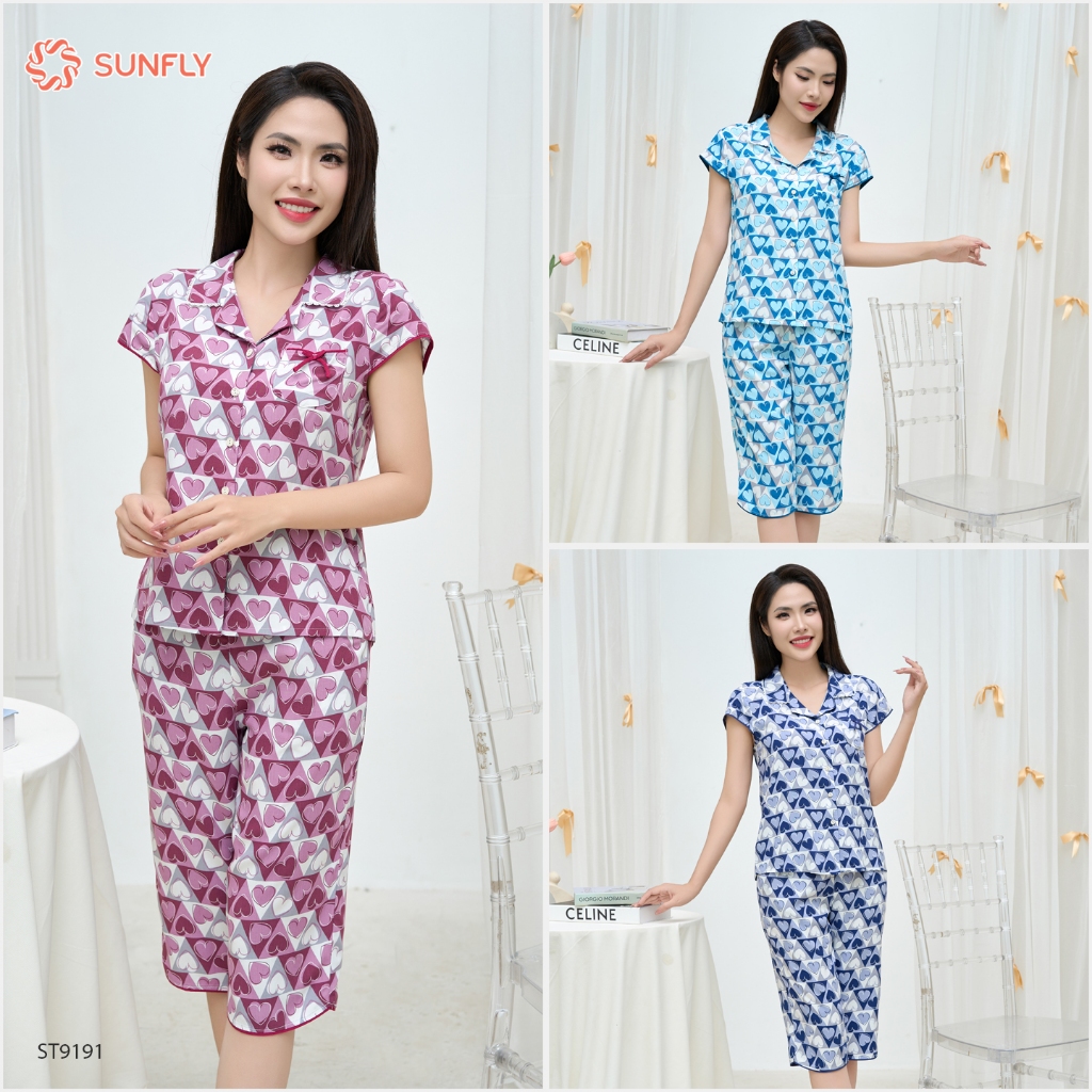 Ảnh Bộ pijamas nữ SUNFLY chất lanh ht độc quyền dáng áo tay hến quần ngố ST9191 2