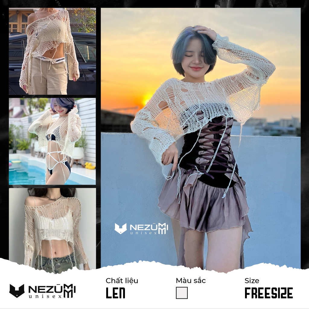 (Sẵn) Áo len croptop nữ dài tay ren lưới rách đi biển, mặc ngoài bikini ...