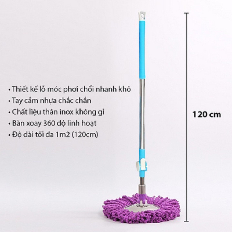 Chổi cây lau nhà 360 thân inox và mâm inox cao cấp kèm 1 bông lau - GDAH