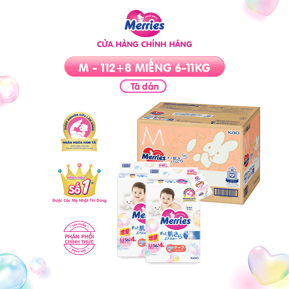 Ảnh Thùng 2 Tã/bỉm dán Merries cộng miếng đủ size NB82/S76/M60 4