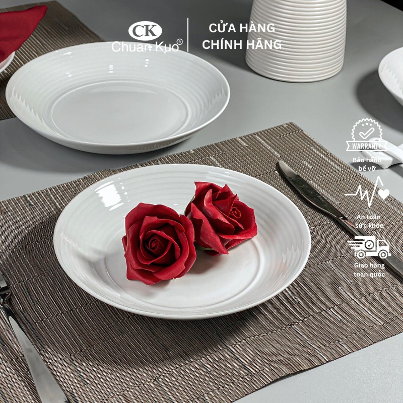Đĩa sâu vân xoáy trắng trơn sứ CK dày dặn size 18 20 23cm - Dĩa sâu lòng ăn súp, salad - Vỡ 1 đổi 1
