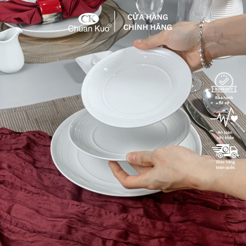Đĩa cạn vân xoáy trắng trơn sứ CK dày dặn size 16 18 22.5cm - Dĩa cạn sang trọng nhà hàng, fine dining - Vỡ 1 đổi 1