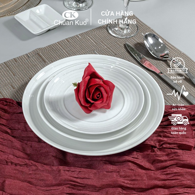 Đĩa cạn vân xoáy trắng trơn sứ CK dày dặn size 16 18 22.5cm - Dĩa cạn sang trọng nhà hàng, fine dining - Vỡ 1 đổi 1
