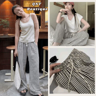 Quần suông ống rộng kẻ sọc nhiều màu, Quần ống đứng cạp chun dây rút vải mềm mịn QNT