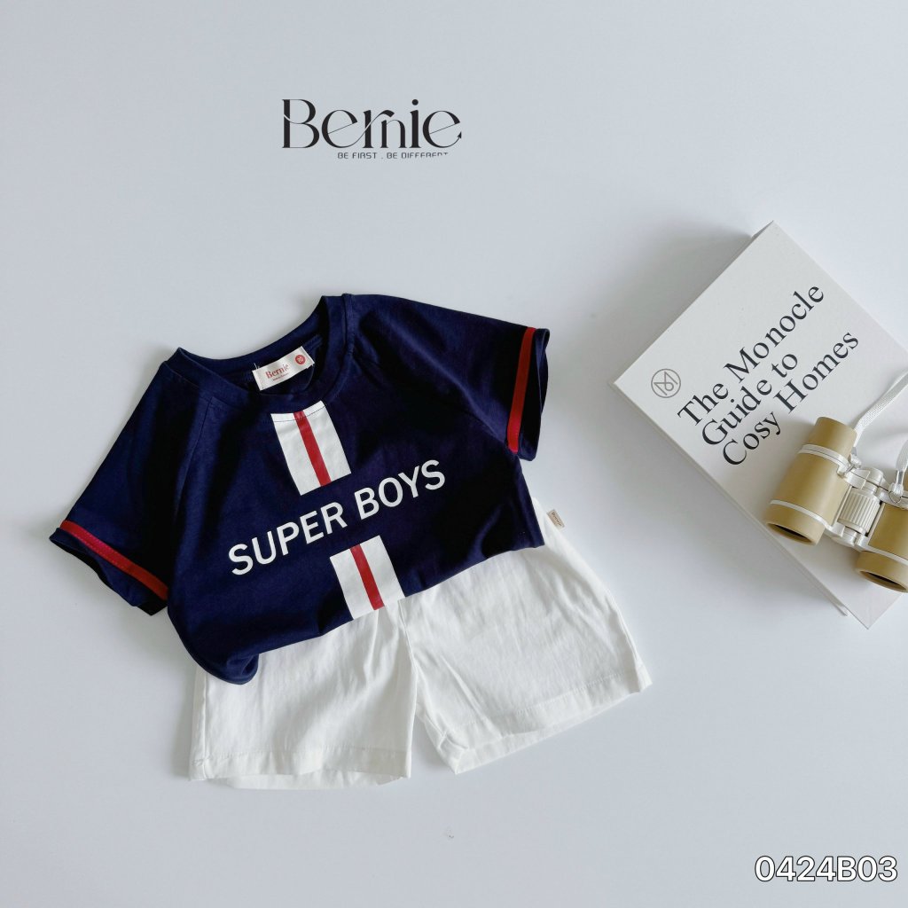 Bộ cotton thể thao bé trai phối quần trắng, bộ thun cổ tròn cộc tay phong cách thể thao cho bé