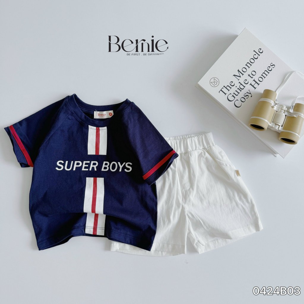 Bộ cotton thể thao bé trai phối quần trắng, bộ thun cổ tròn cộc tay phong cách thể thao cho bé