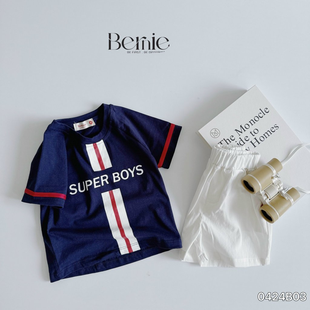 Bộ cotton thể thao bé trai phối quần trắng, bộ thun cổ tròn cộc tay phong cách thể thao cho bé