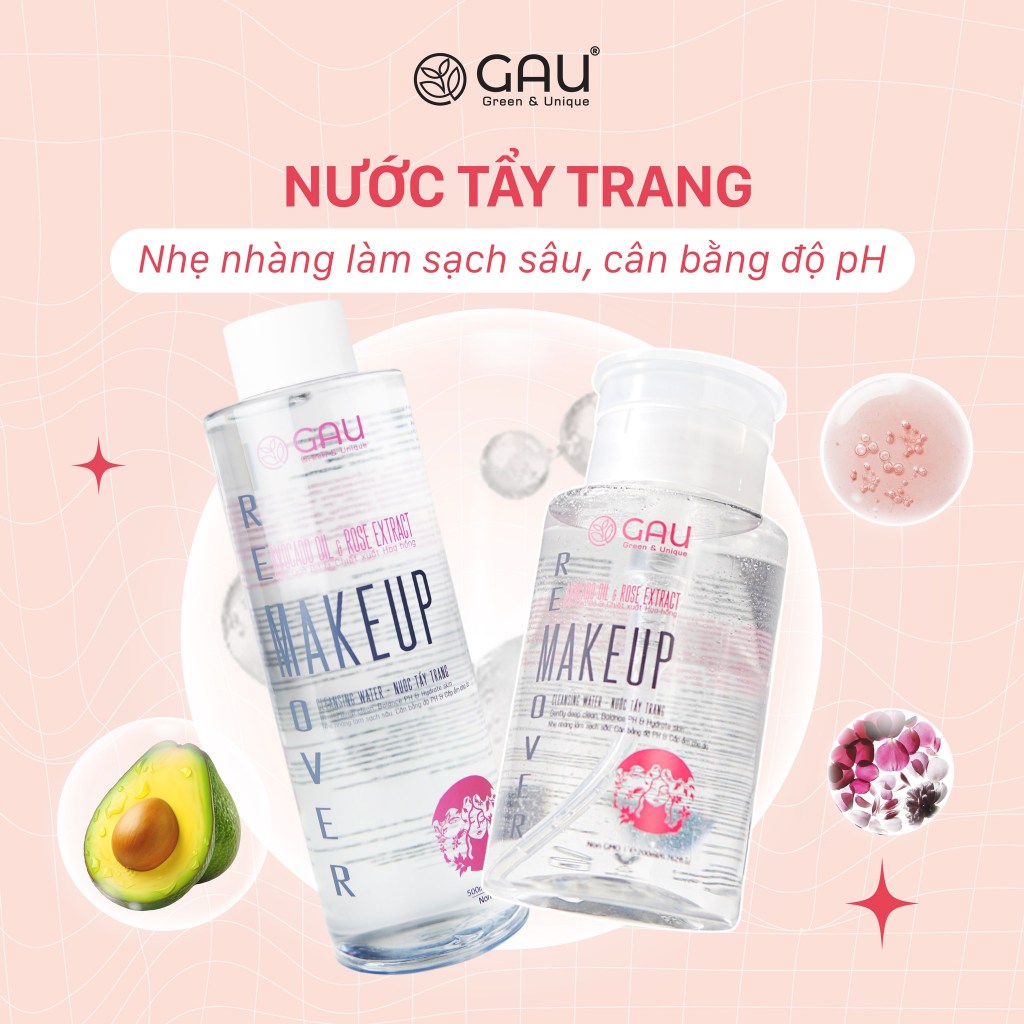 Nước Tẩy Trang Tự nhiên Không cồn Sạch sâu Căng Mịn da GAU Make Up Remover Avocado oil & Rose 500ml