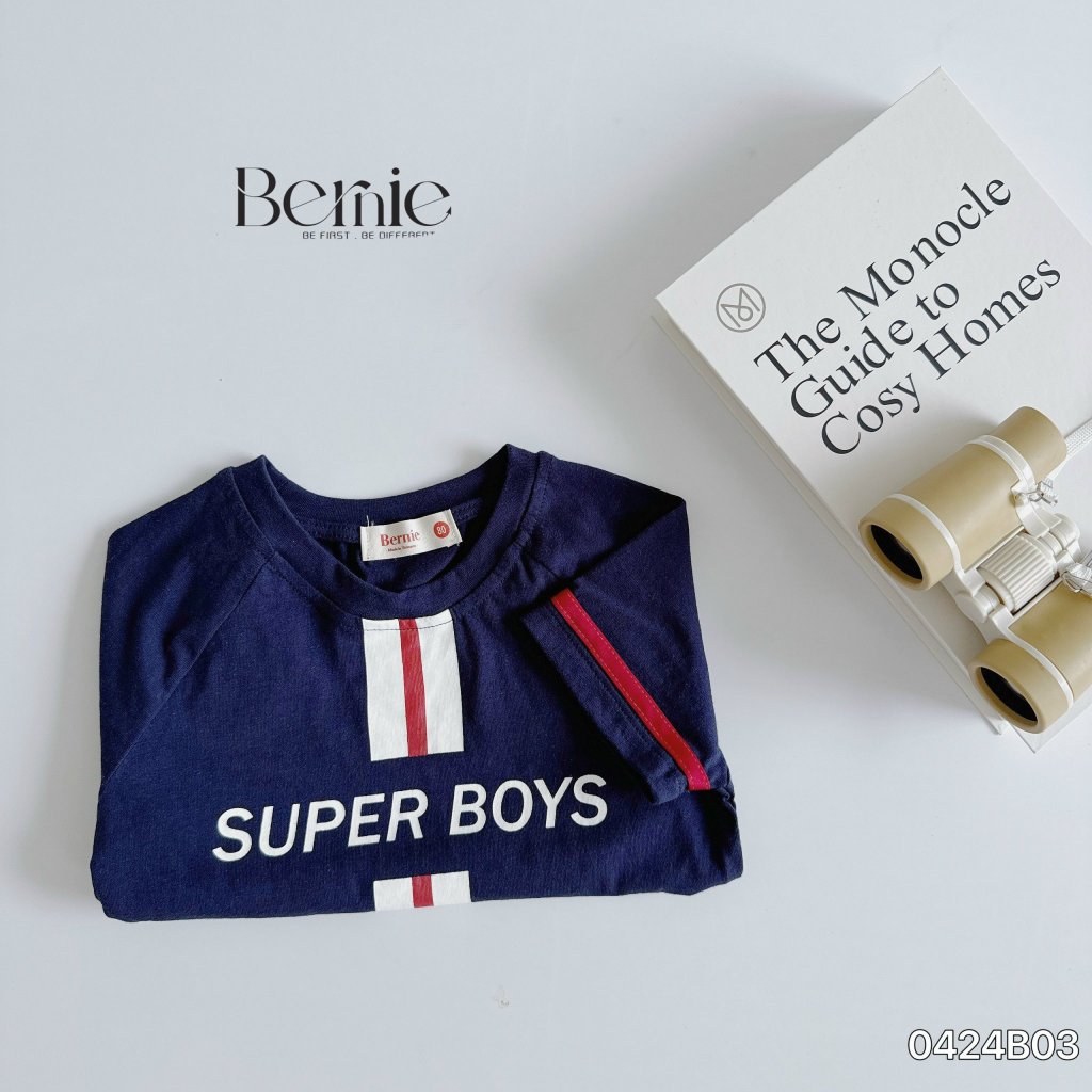 Bộ cotton thể thao bé trai phối quần trắng, bộ thun cổ tròn cộc tay phong cách thể thao cho bé