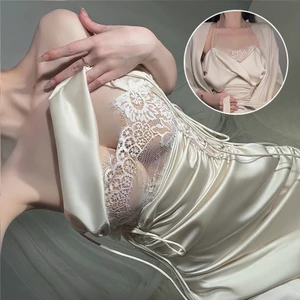 Váy Ngủ Lụa Phối Voan Sexy Xuyên Thấu Dây Rút Sườn Viền Nhún Gợi Cảm Quyến Rũ