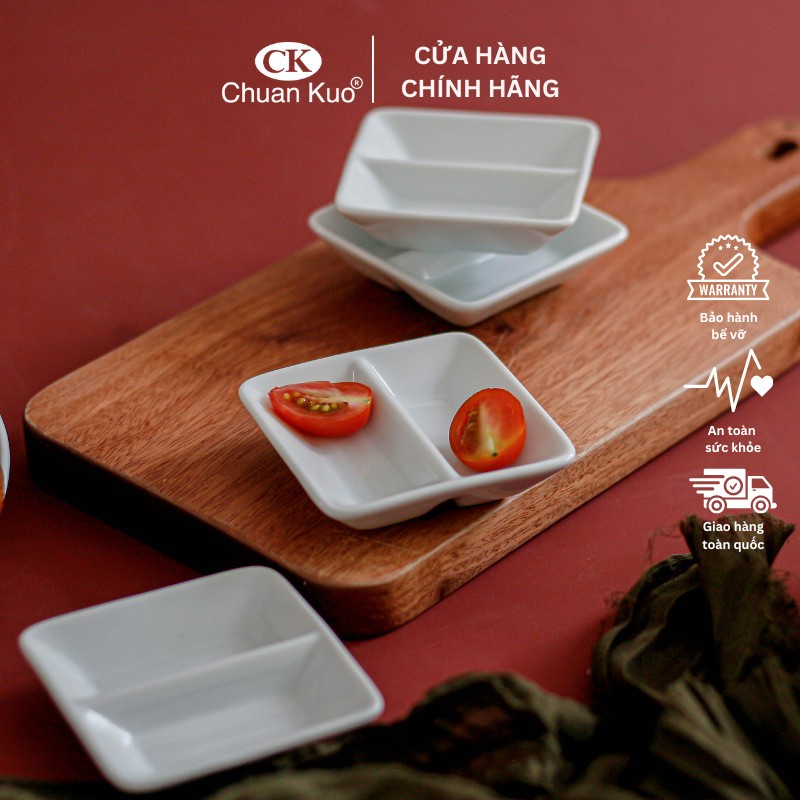 Đĩa chấm 2 ngăn trắng trơn đựng gia vị, tương cà, muối tiêu, xì dầu, nước mắm - Chén gia vị chia ngăn sứ CK nhà hàng cao