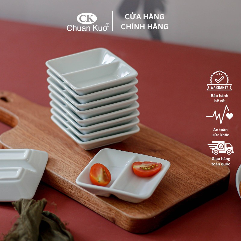Đĩa chấm 2 ngăn trắng trơn đựng gia vị, tương cà, muối tiêu, xì dầu, nước mắm - Chén gia vị chia ngăn sứ CK nhà hàng cao