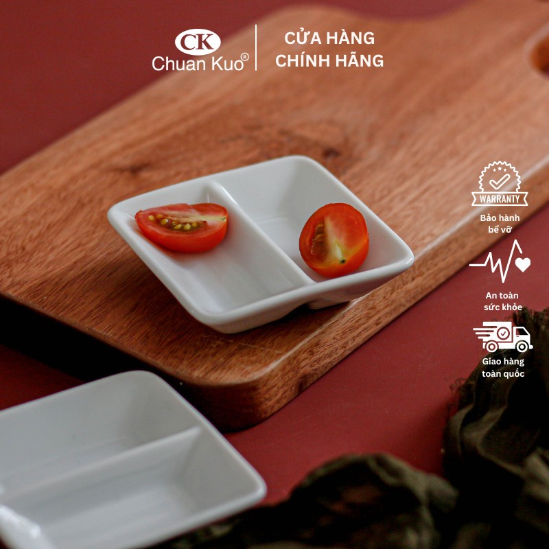 Đĩa chấm 2 ngăn trắng trơn đựng gia vị, tương cà, muối tiêu, xì dầu, nước mắm - Chén gia vị chia ngăn sứ CK nhà hàng cao