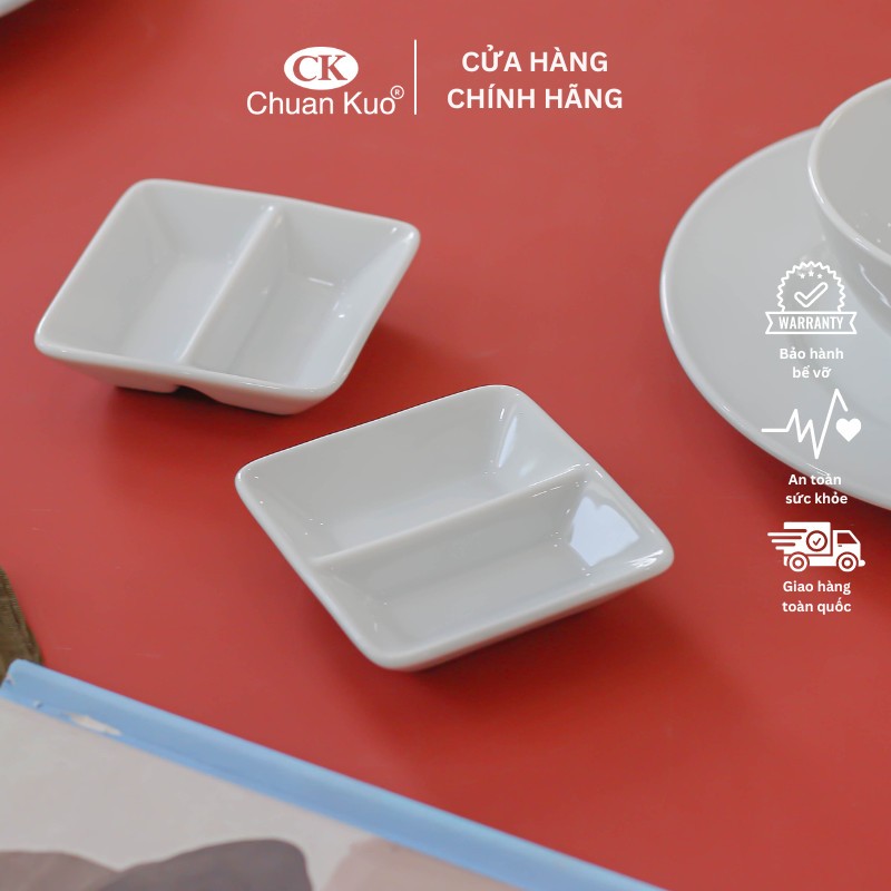 Đĩa chấm 2 ngăn trắng trơn đựng gia vị, tương cà, muối tiêu, xì dầu, nước mắm - Chén gia vị chia ngăn sứ CK nhà hàng cao