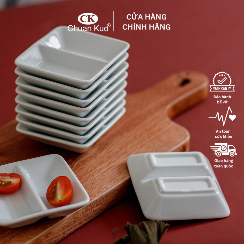 Đĩa chấm 2 ngăn trắng trơn đựng gia vị, tương cà, muối tiêu, xì dầu, nước mắm - Chén gia vị chia ngăn sứ CK nhà hàng cao