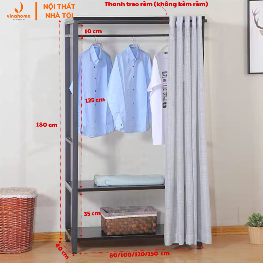 Giá, kệ treo quần áo khung sắt mặt gỗ 2 tầng, có thanh máng rèm đa năng ...