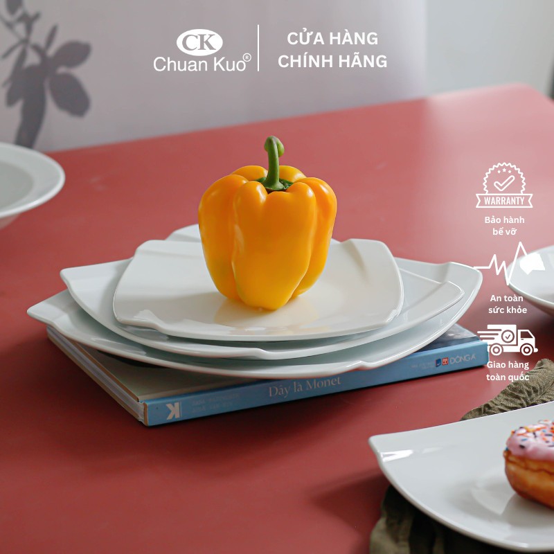 Đĩa sứ vuông gấp viền cách điệu cao cấp sứ CK size 17 21 24cm - Dĩa sứ kiểu trang trí đẹp mắt nhà hàng sang trọng
