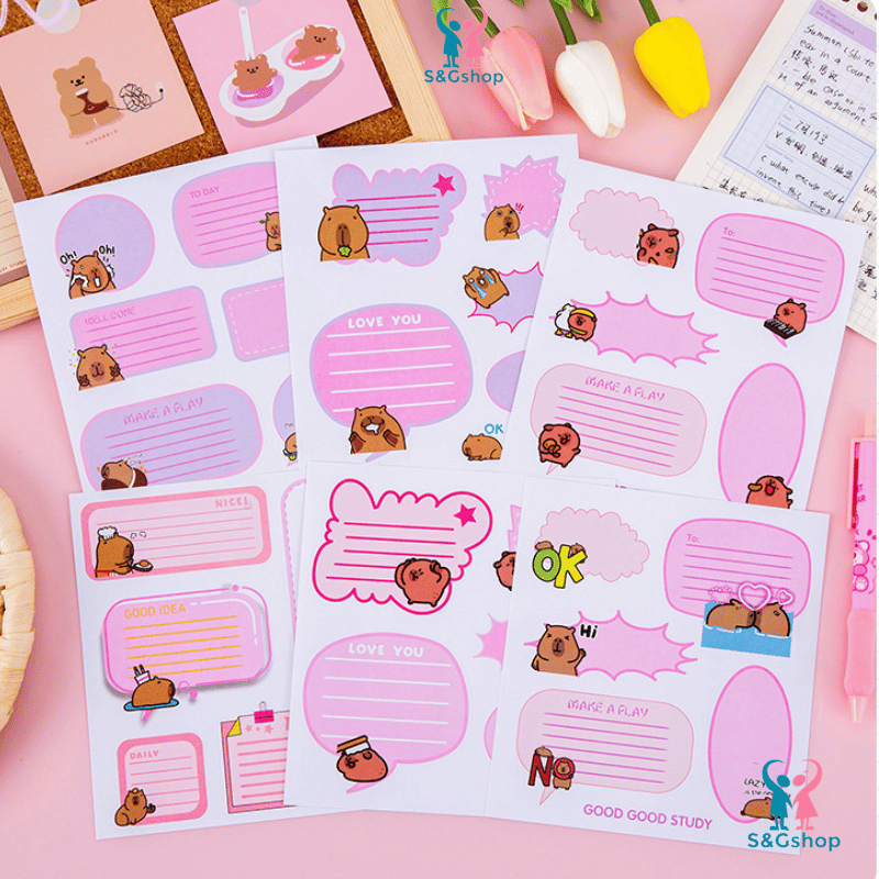 Nhãn dán giấy ghi chú sticky notes set 10 tờ capybara, loopy làm quà ...