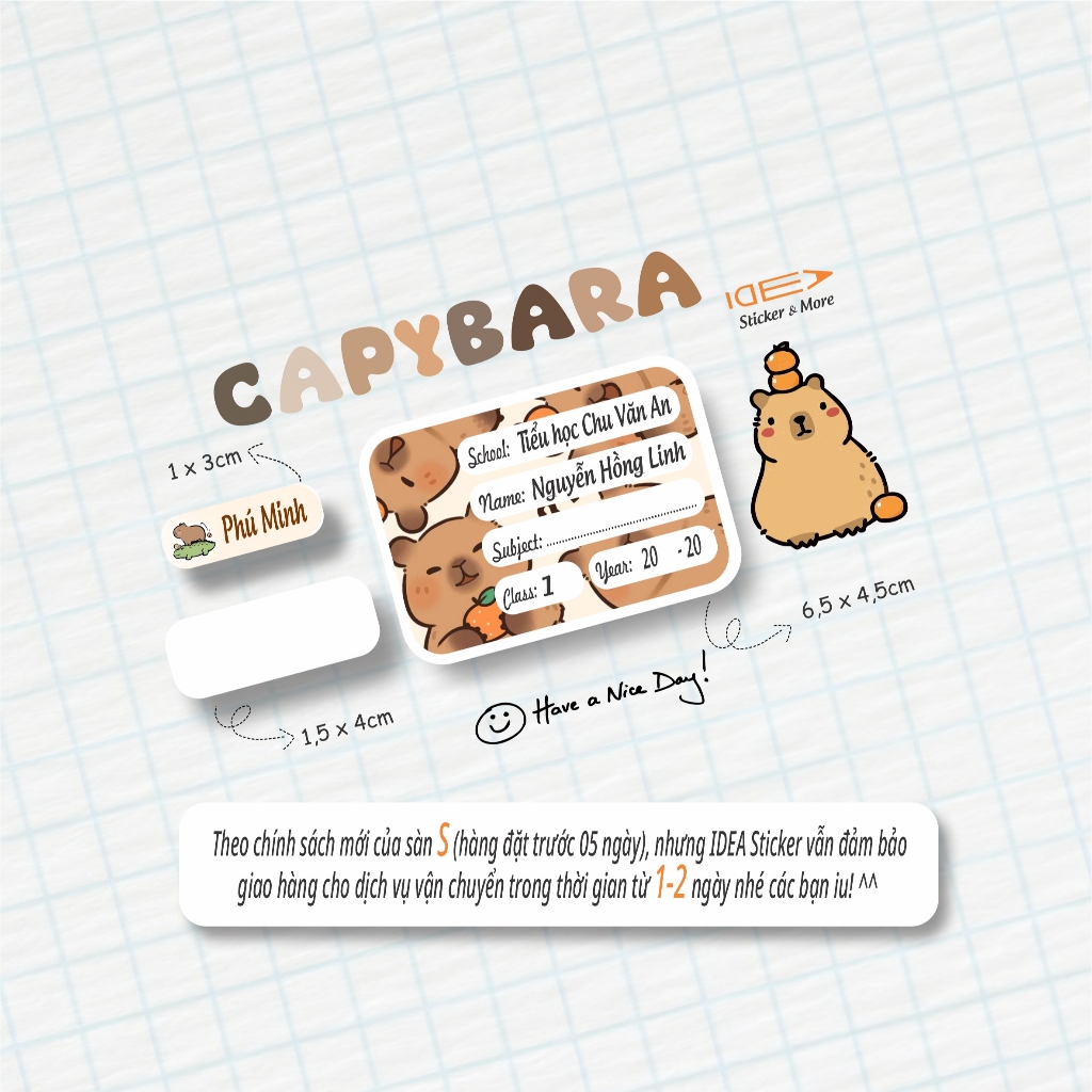 (HỎA TỐC) COMBO 108 sticker + 45 nhãn vở CAPYBARA in tên theo yêu cầu ...