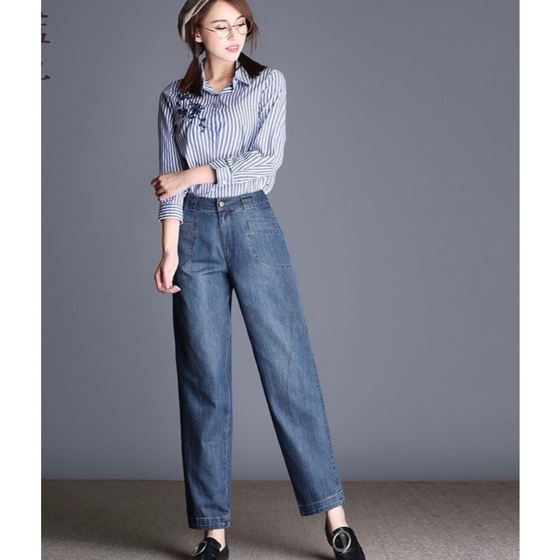 Quần Jeans nữ quần Jeans dáng baggy thêu họa tiết trơn màu phong cách Hàn Quốc JENI 1161