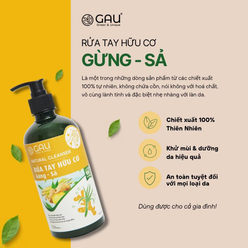Nước Rửa Tay Gừng Sả Hữu Cơ Thiên nhiên Lên Men GAU Đánh bay Mùi Tanh Dầu mỡ Natural Cleanser 500ml
