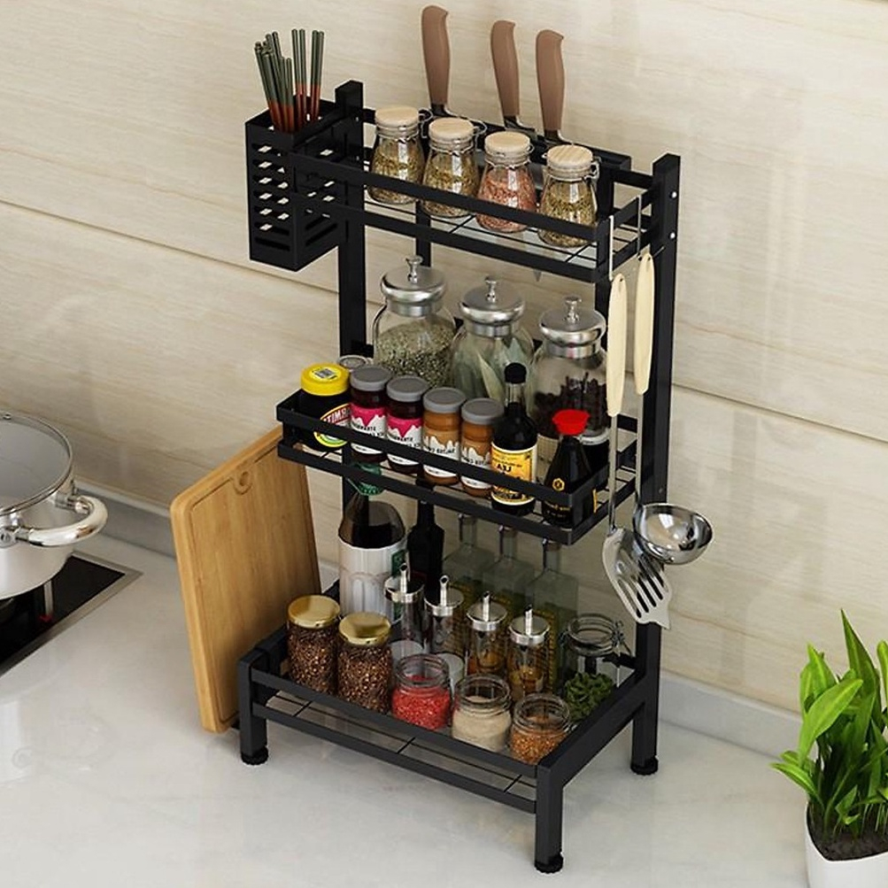 Kệ Gia Vị Cho Nhà Bếp Thép carbon 2, 3 tầng phun sơn tĩnh điện, Kệ gia vị cao cấp có giá để thớt và ống đũa