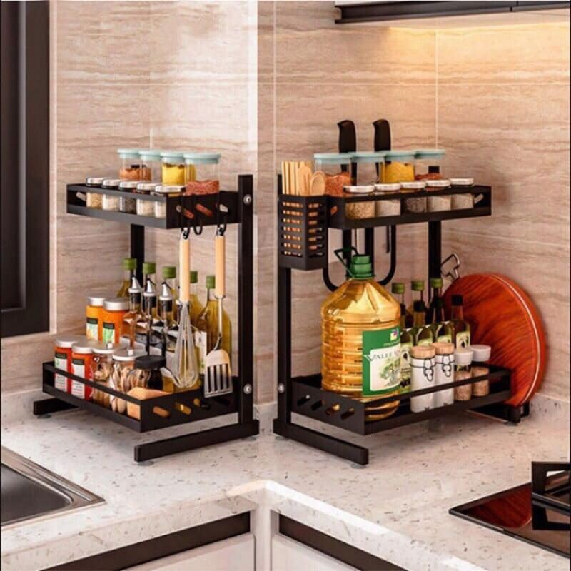 Kệ Gia Vị Cho Nhà Bếp Thép carbon 2, 3 tầng phun sơn tĩnh điện, Kệ gia vị cao cấp có giá để thớt và ống đũa