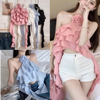 Áo yếm kiểu tầng croptop đính hoa hồng trắng đen xinh đẹp dây tua rua VANISA Y19