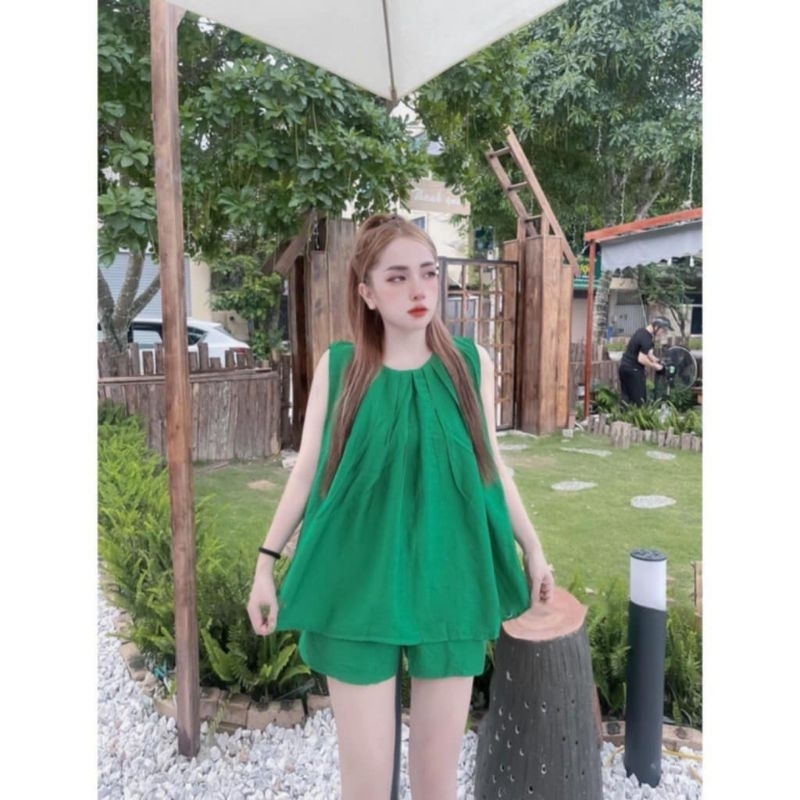 Đồ bộ nữ, bộ đũi nữ, áo sát nách có xếp ly quần ngắn đũi tơ xước, đủ size