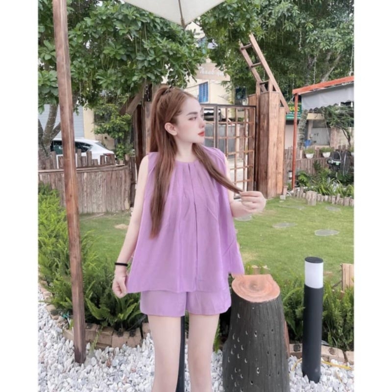 Đồ bộ nữ, bộ đũi nữ, áo sát nách có xếp ly quần ngắn đũi tơ xước, đủ size