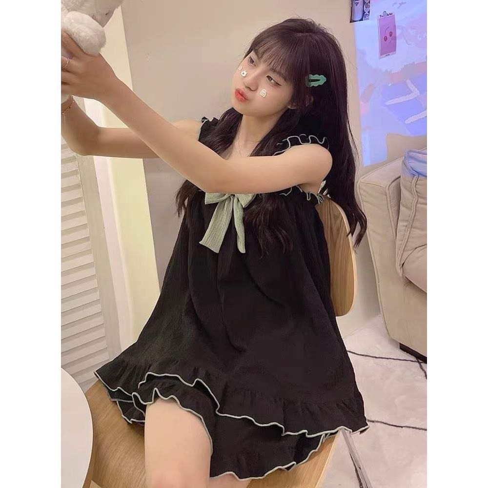 Bộ đồ ngủ nữ đơn giản phong cách Nhật Bản ngày hè bộ đồ mặc nhà thắt nơ mới ngọt ngào và dễ thương
