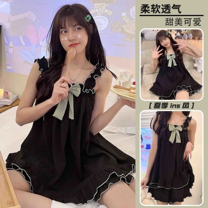 Bộ đồ ngủ nữ đơn giản phong cách Nhật Bản ngày hè bộ đồ mặc nhà thắt nơ mới ngọt ngào và dễ thương