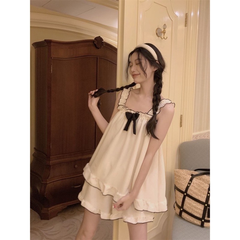 Bộ đồ ngủ nữ đơn giản phong cách Nhật Bản ngày hè bộ đồ mặc nhà thắt nơ mới ngọt ngào và dễ thương