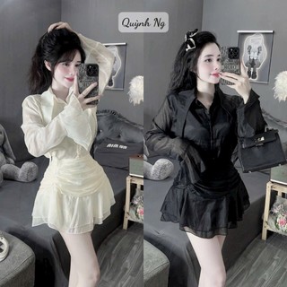 Set váy thời trang nữ mặc đi chơi dạo phố chất voan tơ áo dài tay cổ nhọn sơmi mix chân váy xòe thiết kế xinh xắn