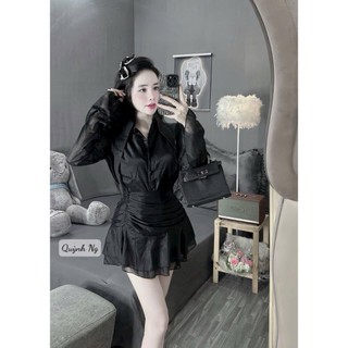 Set váy thời trang nữ mặc đi chơi dạo phố chất voan tơ áo dài tay cổ nhọn sơmi mix chân váy xòe thiết kế xinh xắn