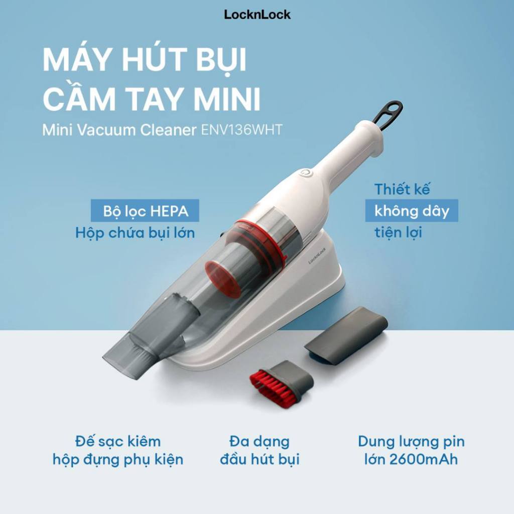 Máy hút bụi cầm tay mini 0.5L LocknLock ENV136WHT , bộ lọc HEPA, 75W, Lực hút mạnh, nhỏ gọn - K-MALL