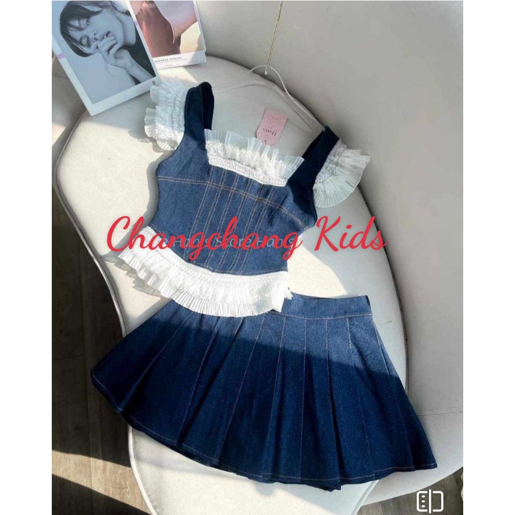 Sét váy jean bé gái Hàng Thiết Kế áo phối ren chân váy ngắn xếp li phù hợp cho mẹ và bé size 15 kg đến 60kg