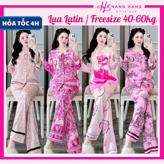 Đồ ngủ nữ 40-60kg, pijama dài tay loe bèo cổ tim cột nơ lụa latin mịn mát 60DD44, đồ bộ nữ đồ mặc nhà sang chảnh