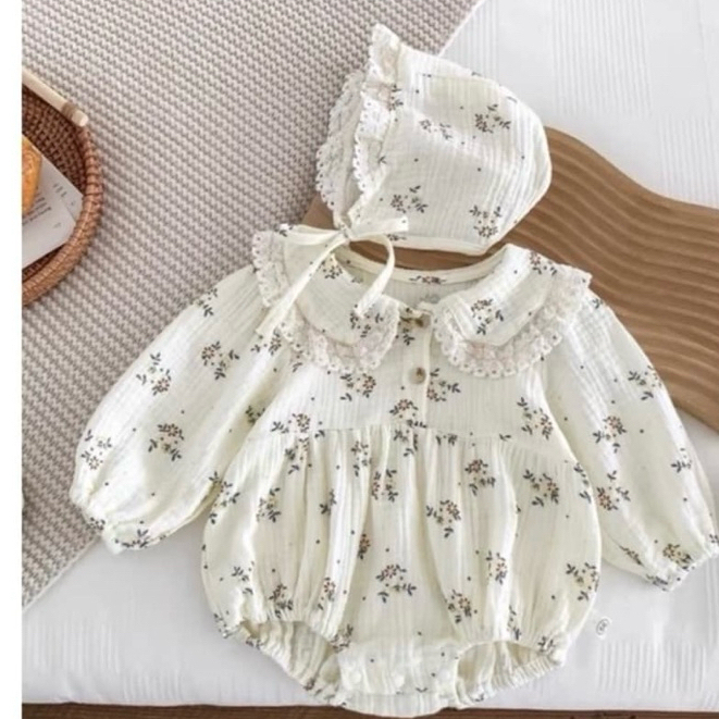 Bộ Body Muslin Dài Tay Cổ Bèo Cho Bé Gái Kèm Mũ Xinh Xắn Dễ Thương Tiệm Nhà Bơ