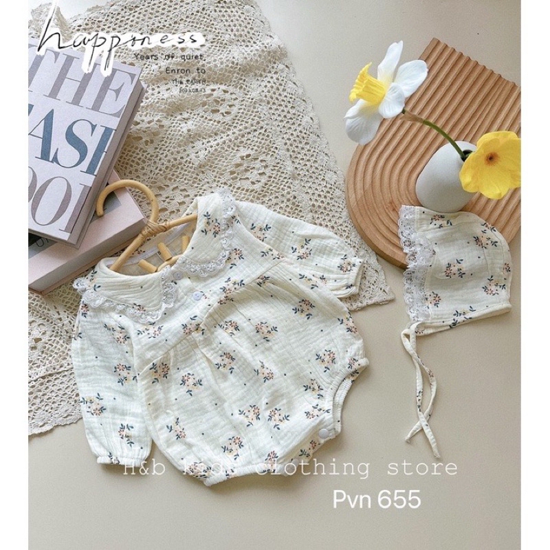 Bộ Body Muslin Dài Tay Cổ Bèo Cho Bé Gái Kèm Mũ Xinh Xắn Dễ Thương Tiệm Nhà Bơ
