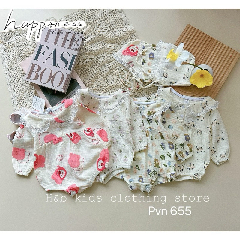 Bộ Body Muslin Dài Tay Cổ Bèo Cho Bé Gái Kèm Mũ Xinh Xắn Dễ Thương Tiệm Nhà Bơ