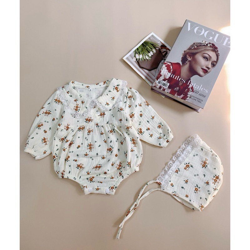 Bộ Body Muslin Dài Tay Cổ Bèo Cho Bé Gái Kèm Mũ Xinh Xắn Dễ Thương Tiệm Nhà Bơ