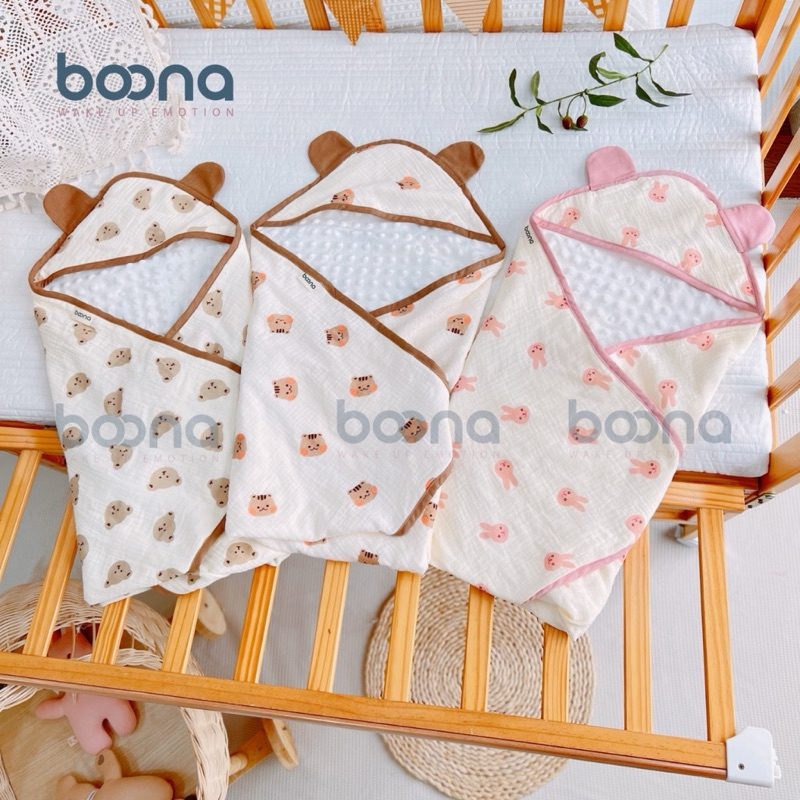 Khăn quấn ủ sơ sinh lót lông hạt đậu kết hợp với vải xô Muslin cao cấp hoạ tiết xinh xắn Tiệm Nhà Bơ