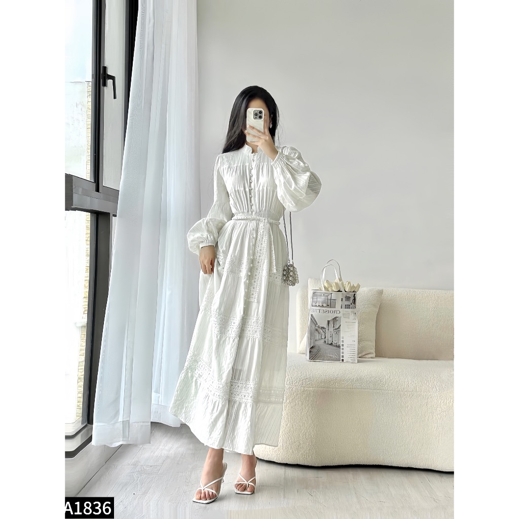 Đầm maxi thô ren dài tay bo chun phối cúc bọc A1836