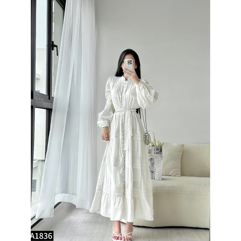 Đầm maxi thô ren dài tay bo chun phối cúc bọc A1836