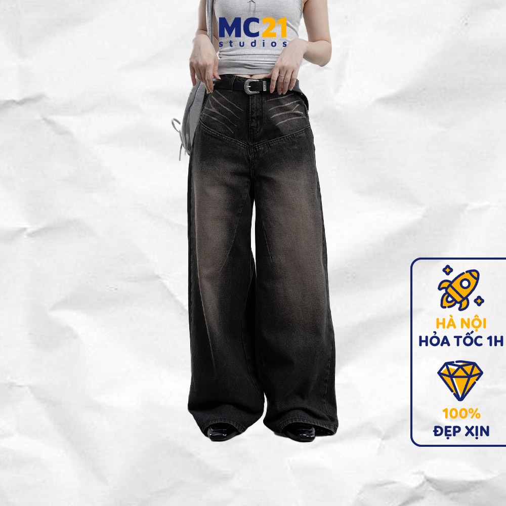 Ảnh Quần jeans cạp trễ MC21.STUDIOS dáng dài ống suông rộng Unisex Ulzzang Streetwear Hàn Quốc Q4107 1