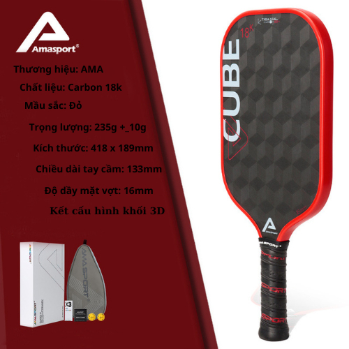 Vợt Pickleball chính hãng AMA SPORT CUBE sợi carbon 18K lõi tổ ong Kết ...